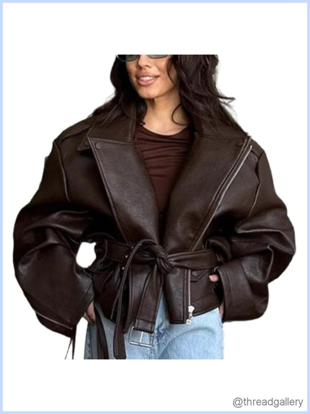 Oversized Cropped Motorcycle Jacket with Belt Y2K Streetwear Zipper